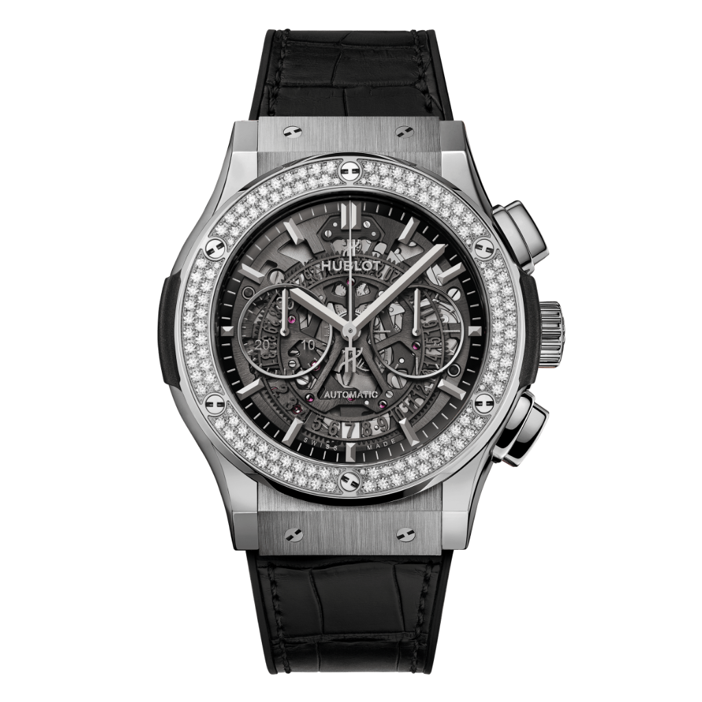 Hublot Classic Fusion Aerofusion Titanium Diamonds 45 mm Transparent Dial with Diamonds Polished Titanium   Leather Strap 525.NX.0170.LR.1104 - WATCHXNYC
