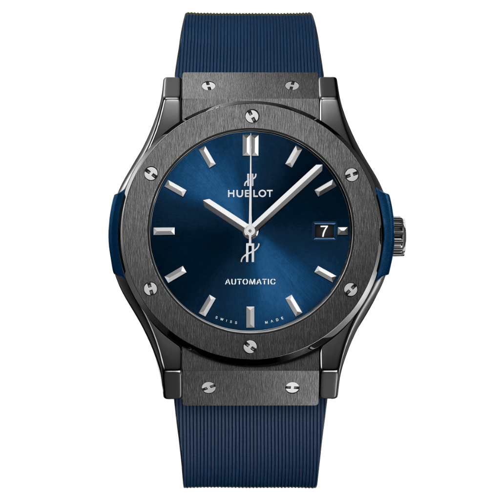 Hublot Classic Fusion Ceramic Blue 45 mm Blue Dial Polished Black Ceramic Rubber Strap 511.CM.7170.RX - WATCHXNYC
