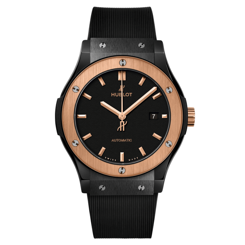 Hublot Classic Fusion Ceramic King Gold 42 mm Esfera negra Correa de caucho y cerámica negra pulida 542.CO.1181.RX 