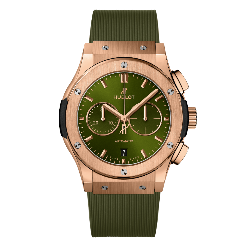 Hublot Classic Fusion Chronograph King Gold Green 42 mm Green Dial Polished 18K King Gold Rubber Strap 541.OX.8980.RX - WATCHXNYC