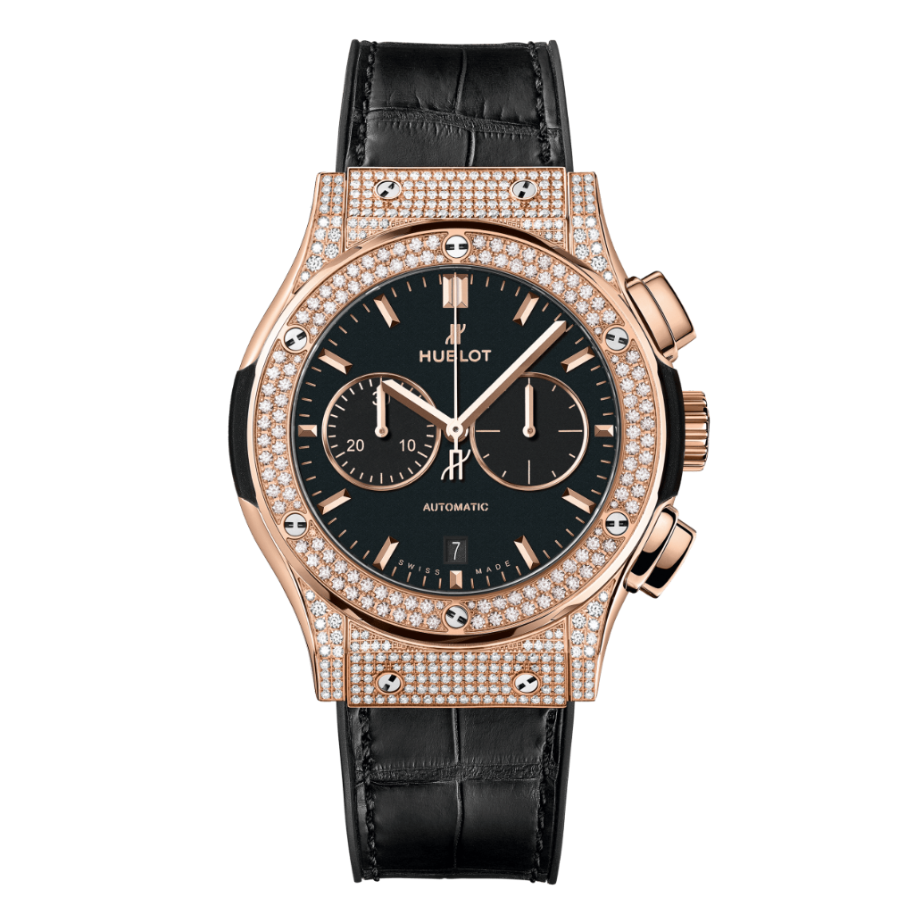 Hublot Classic Fusion Chronograph King Gold Pavé 42 mm Black Dial with Diamonds Polished 18K King Gold   Leather Strap 541.OX.1181.LR.1704 - WATCHXNYC