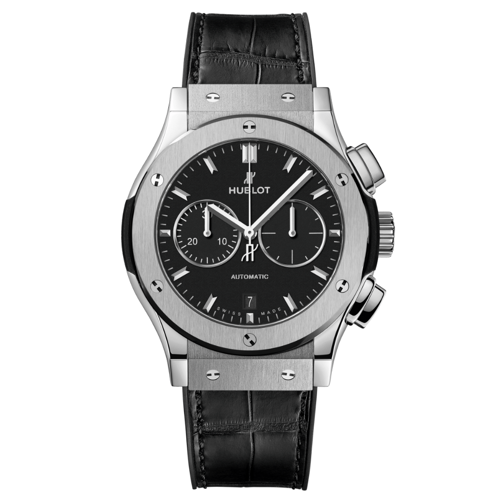 Hublot Classic Fusion Chronograph Titanium 42 mm Black Dial Polished Titanium   Leather Strap 541.NX.1171.LR - WATCHXNYC