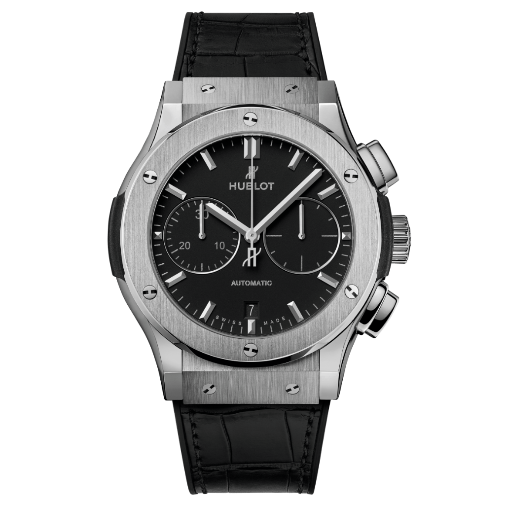 Hublot Classic Fusion Chronograph Titanium 45 mm Black Dial Polished Titanium   Leather Strap 521.NX.1171.LR - WATCHXNYC