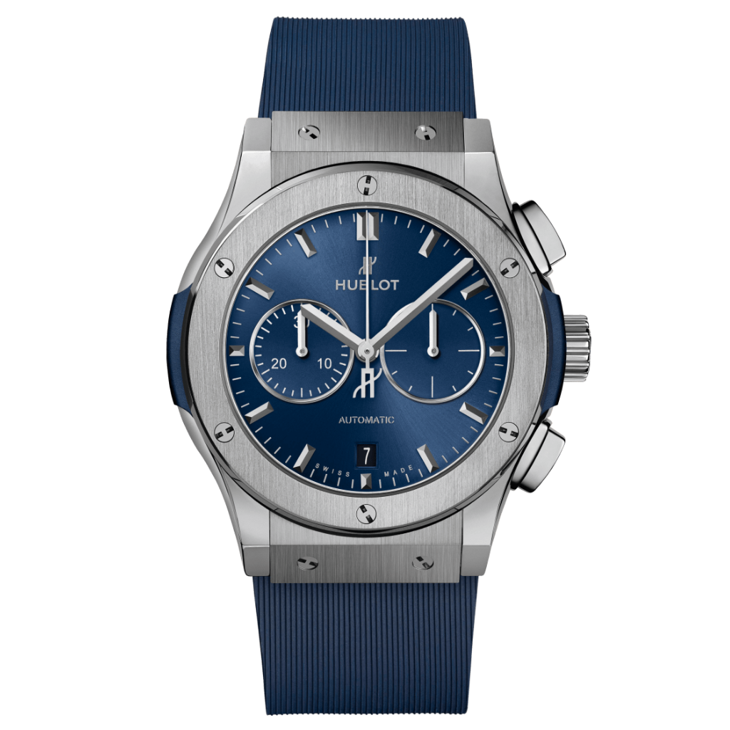Hublot Classic Fusion Chronograph Titanium Blue 42 mm Blue Dial Polished Titanium Rubber Strap 541.NX.7170.RX - WATCHXNYC