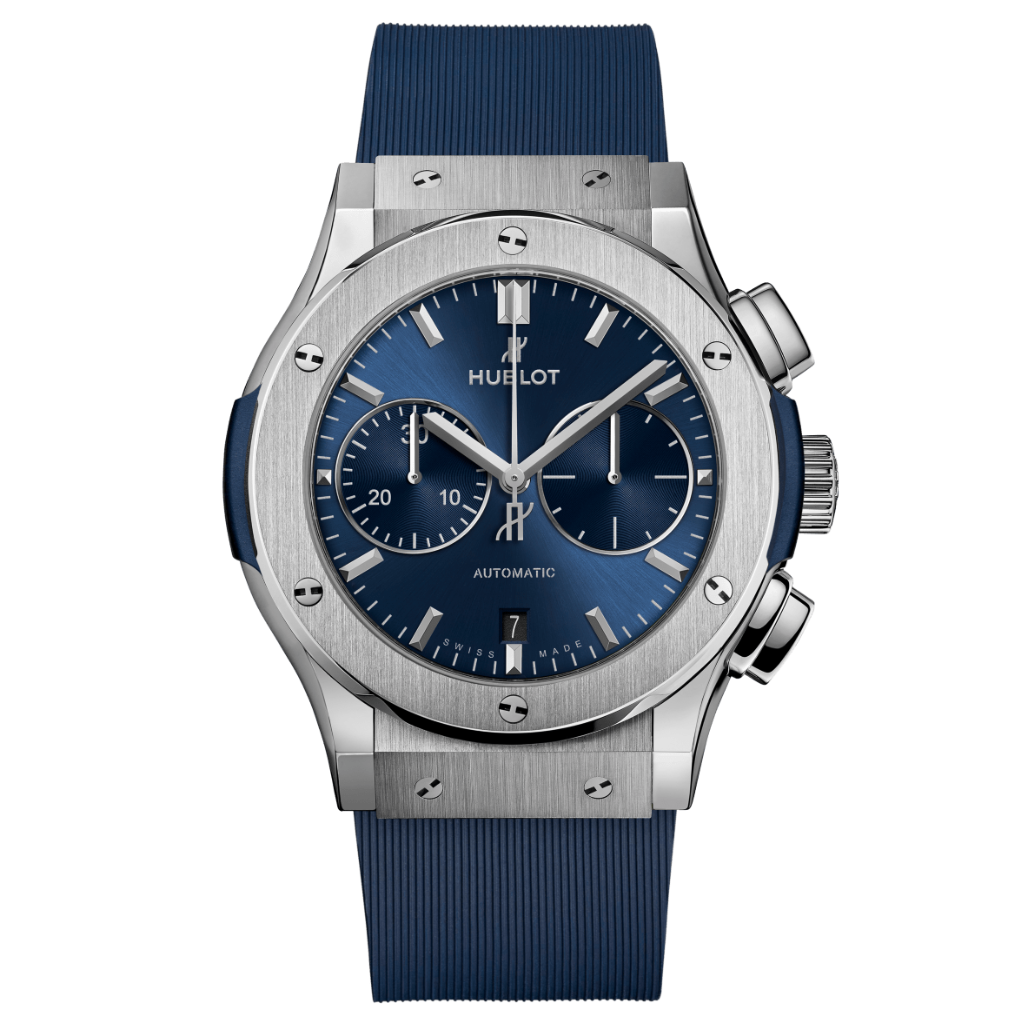 Hublot Classic Fusion Chronograph Titanium Blue 45 mm Blue Dial Polished Titanium Rubber Strap 521.NX.7170.RX - WATCHXNYC