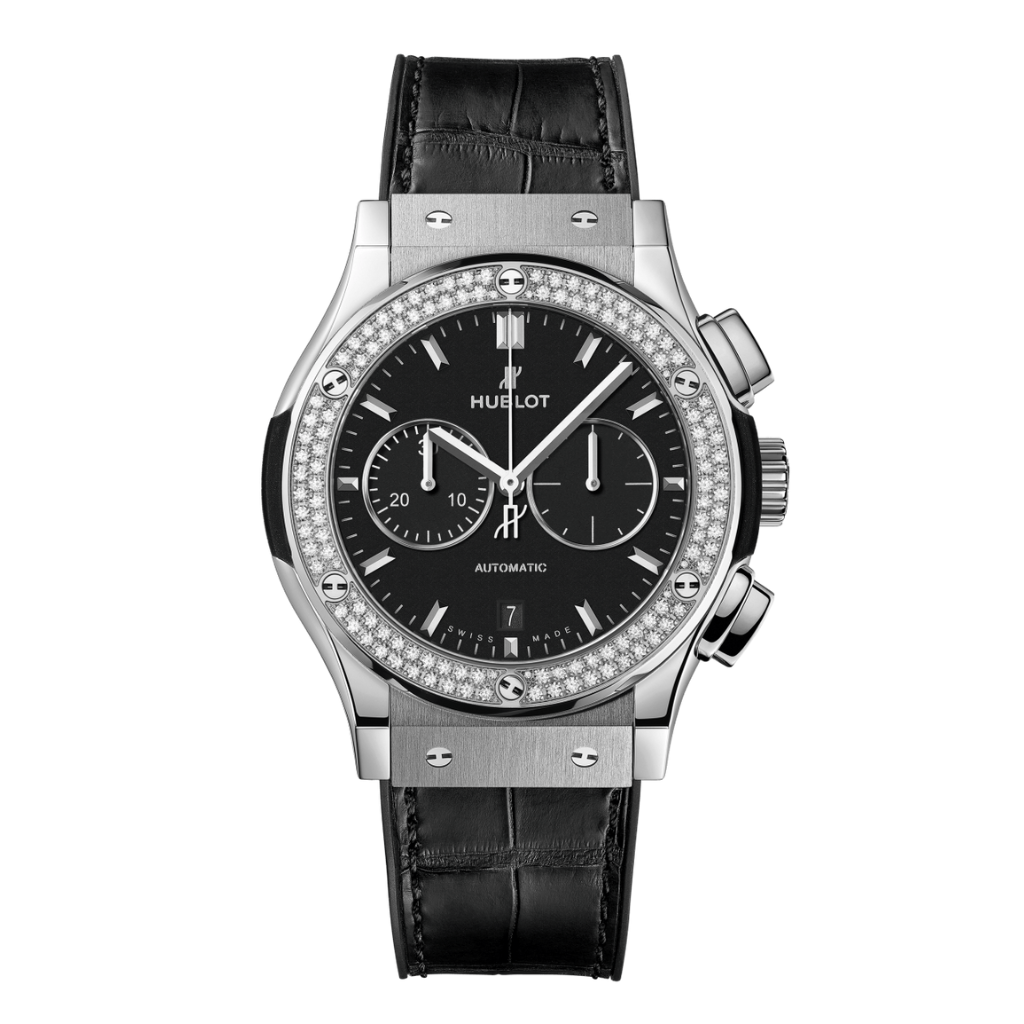 Hublot Classic Fusion Chronograph Titanium Diamonds 42 mm Black Dial with Diamonds Polished Titanium   Leather Strap 541.NX.1171.LR.1104 - WATCHXNYC