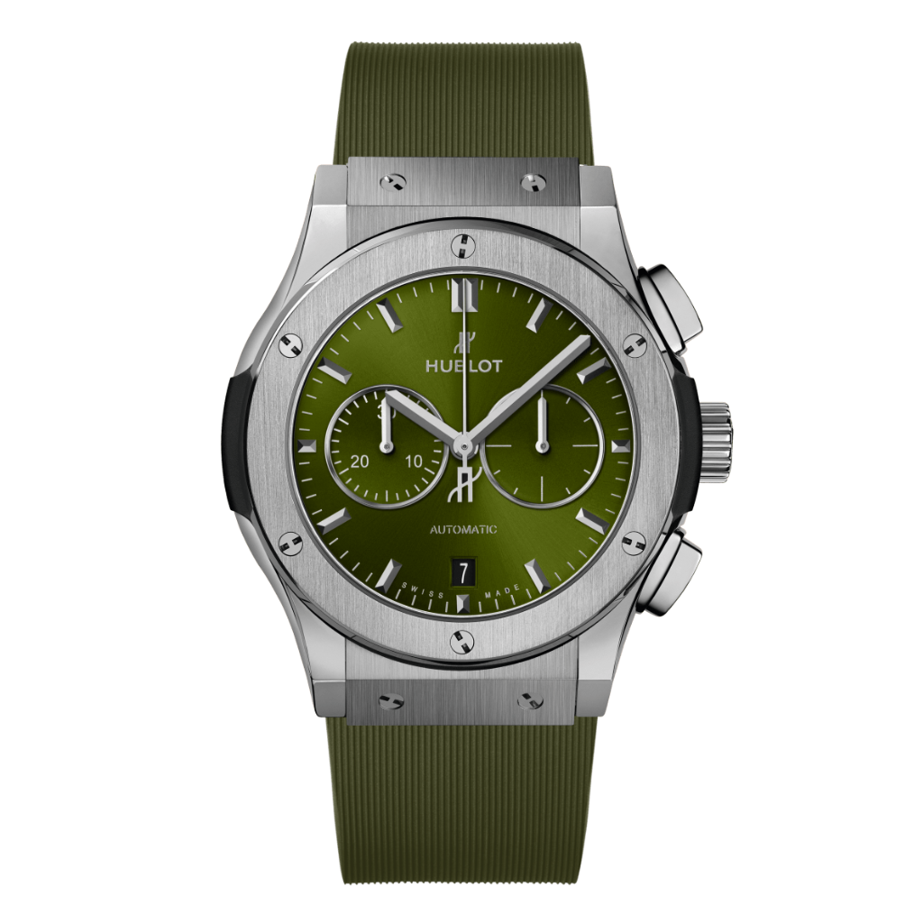 Hublot Classic Fusion Chronograph Titanium Green 42 mm Green Dial Polished Titanium Rubber Strap 541.NX.8970.RX - WATCHXNYC