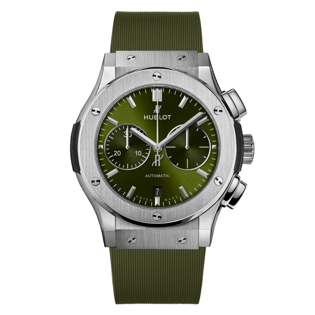 Hublot Classic Fusion Chronograph Titanium Green 45 mm Green Dial Polished Titanium Rubber Strap 521.NX.8970.RX - WATCHXNYC