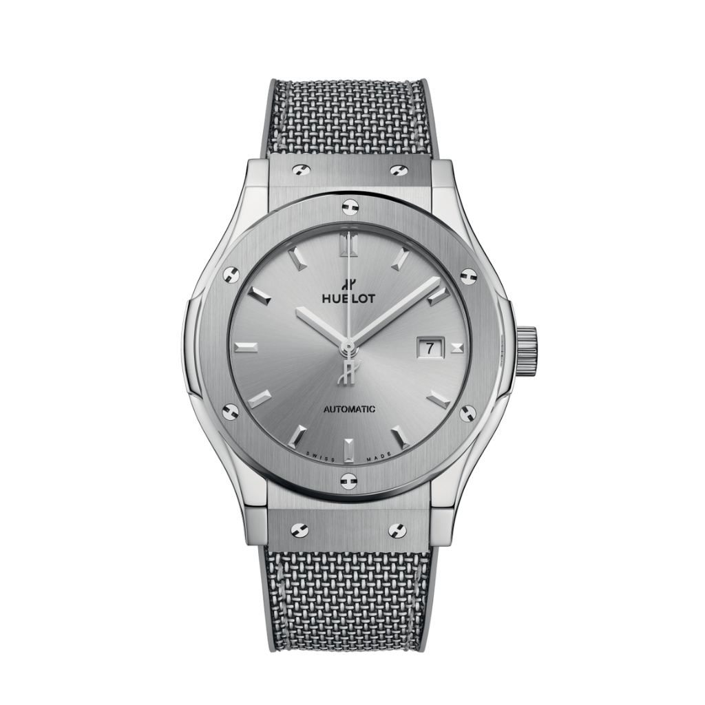 HUBLOT Classic Fusion Essential Grey 42 mm Grey Dial Polished Titanium Rubber Strap 542.NX.5610.NR.HEC24 - WATCHXNYC