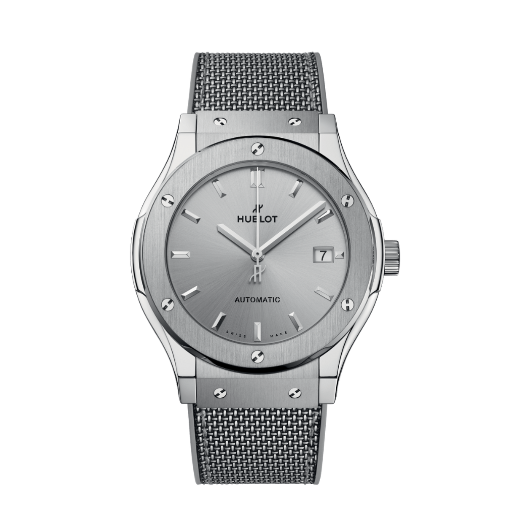 HUBLOT Classic Fusion Essential Grey 45 mm Grey Dial Polished Titanium Rubber Strap 511.NX.5610.NR.HEC24 - WATCHXNYC