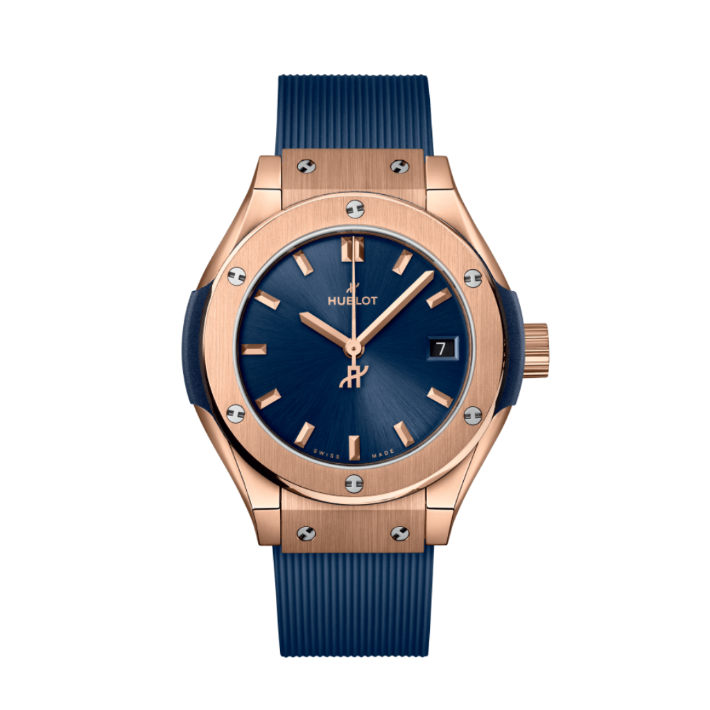 HUBLOT Classic Fusion King Gold Blue 29 mm Blue Dial Polished 18K King Gold Rubber Strap 591.OX.7180.RX - WATCHXNYC