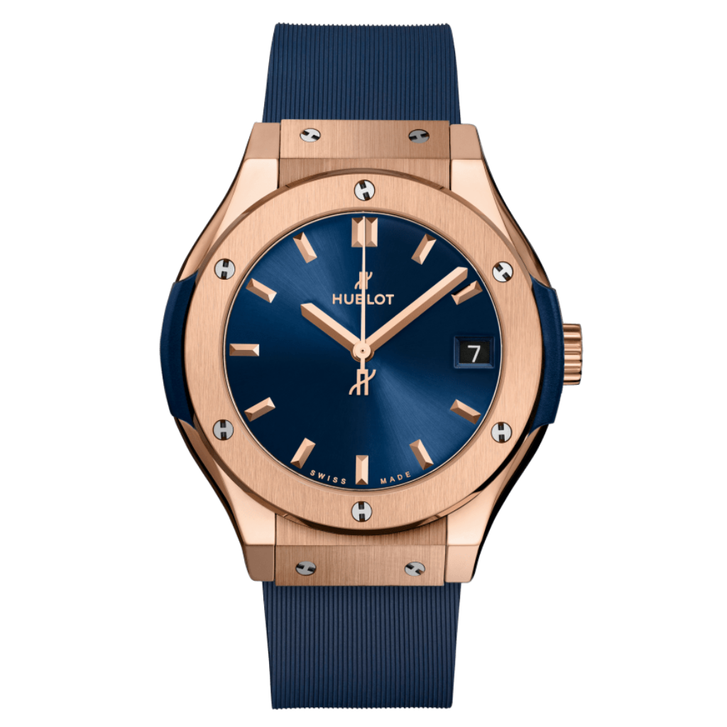 Hublot Classic Fusion King Gold Blue 33 mm Blue Dial Polished 18K King Gold Rubber Strap 581.OX.7180.RX - WATCHXNYC