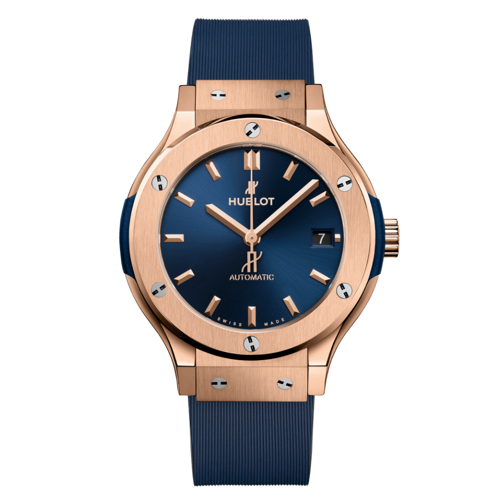 Hublot Classic Fusion King Gold Blue 38 mm Blue Dial Polished 18K King Gold Rubber Strap 565.OX.7180.RX - WATCHXNYC