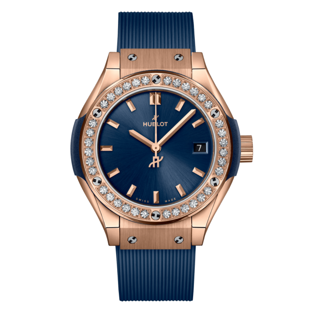 HUBLOT Classic Fusion King Gold Blue Diamonds 29 mm Blue Dial Polished 18K King Gold Rubber Strap 591.OX.7180.RX.1204 - WATCHXNYC