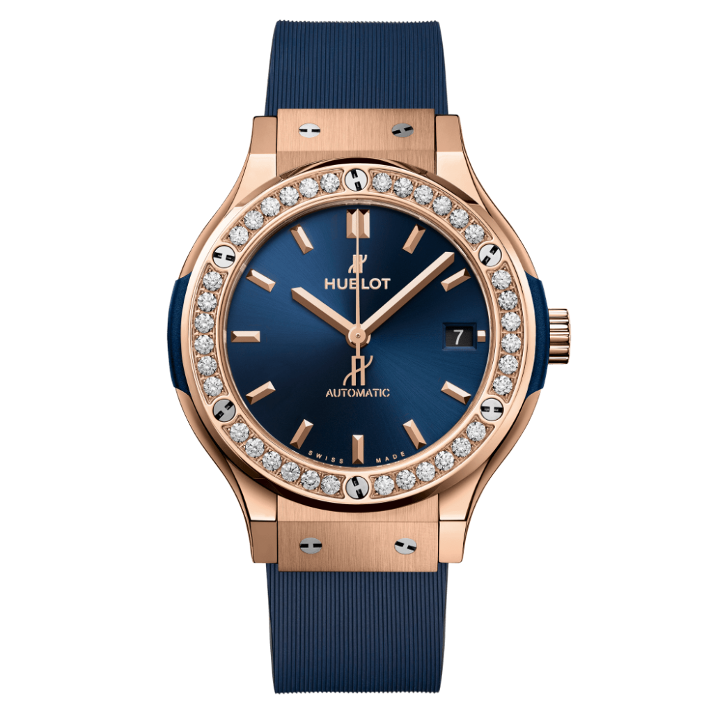 Hublot Classic Fusion King Gold Blue Diamonds 38 mm Blue Dial with Diamonds Polished 18K King Gold Rubber Strap 565.OX.7180.RX.1204 - WATCHXNYC