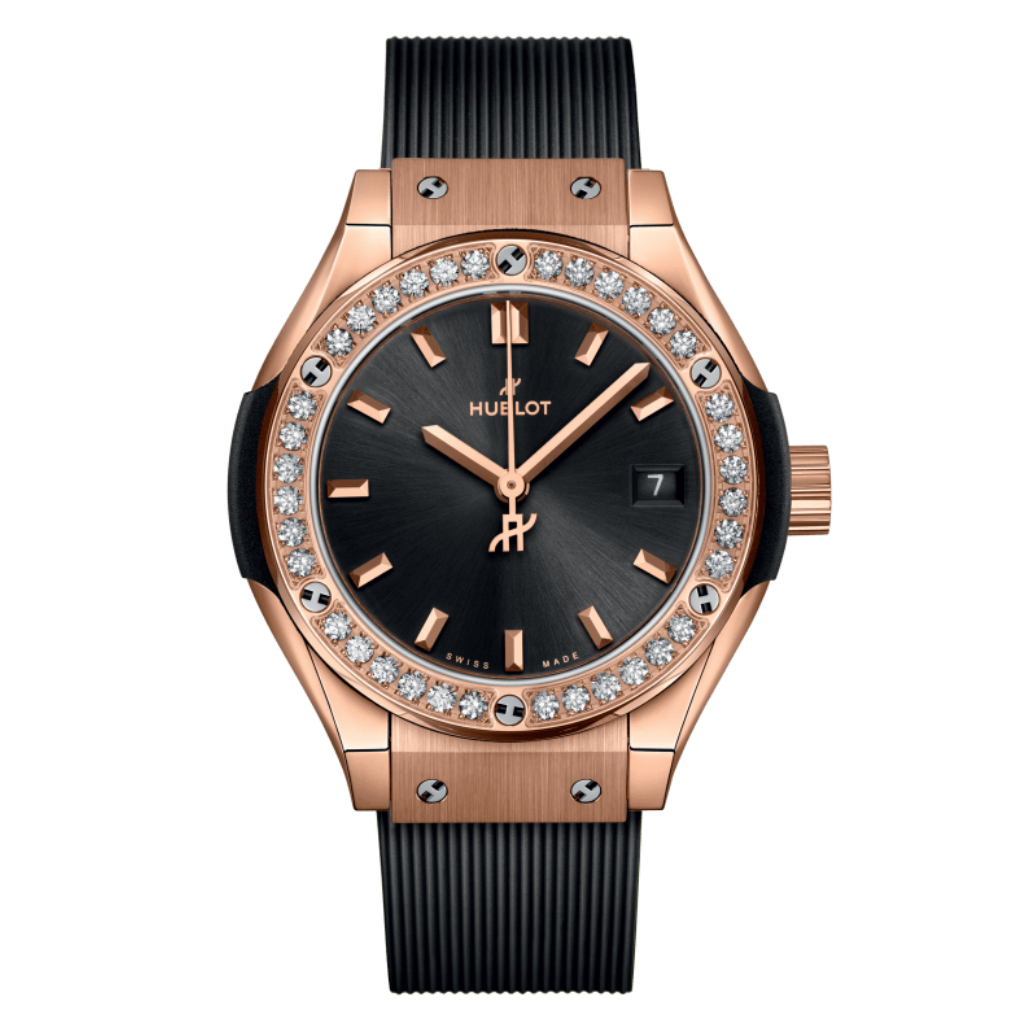 HUBLOT Classic Fusion King Gold Diamonds 29 mm Black Dial Polished 18K King Gold Rubber Strap 591.OX.1480.RX.1204 - WATCHXNYC