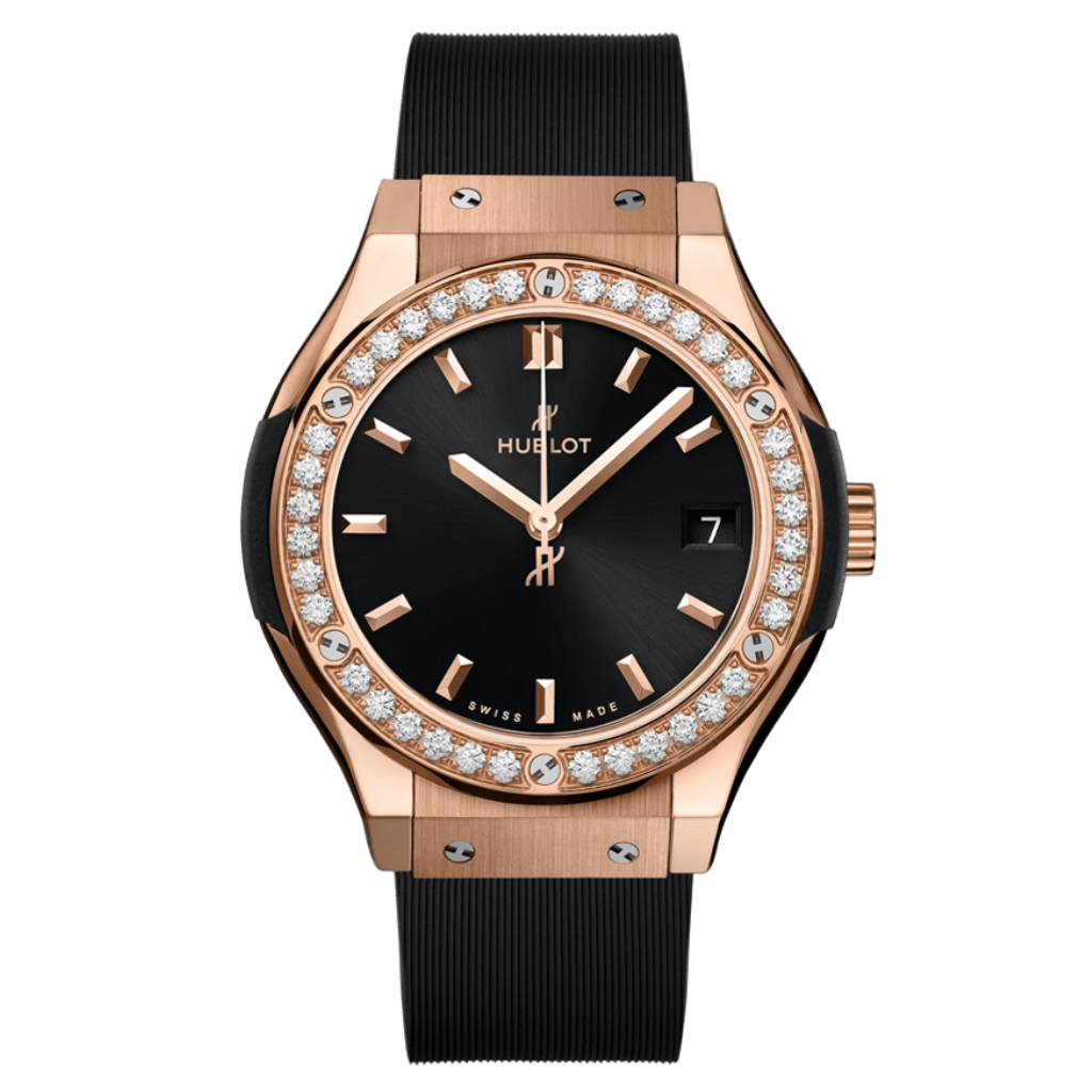 Hublot Classic Fusion King Gold Diamonds 33 mm Black Dial with Diamonds Polished 18K King Gold Rubber Strap 581.OX.1480.RX.1104 - WATCHXNYC