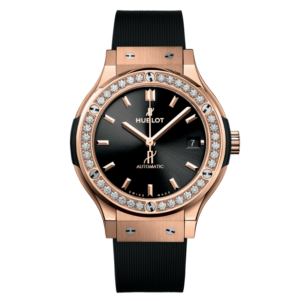 Hublot Classic Fusion King Gold Diamonds 38 mm Black Dial with Diamonds Polished 18K King Gold Rubber Strap 565.OX.1480.RX.1204 - WATCHXNYC