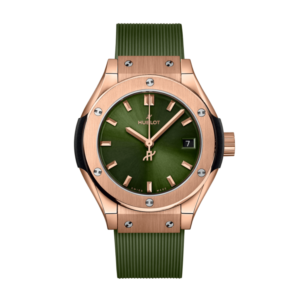 HUBLOT Classic Fusion King Gold Green 29 mm Green Dial Polished 18K King Gold Rubber Strap 591.OX.8980.RX - WATCHXNYC