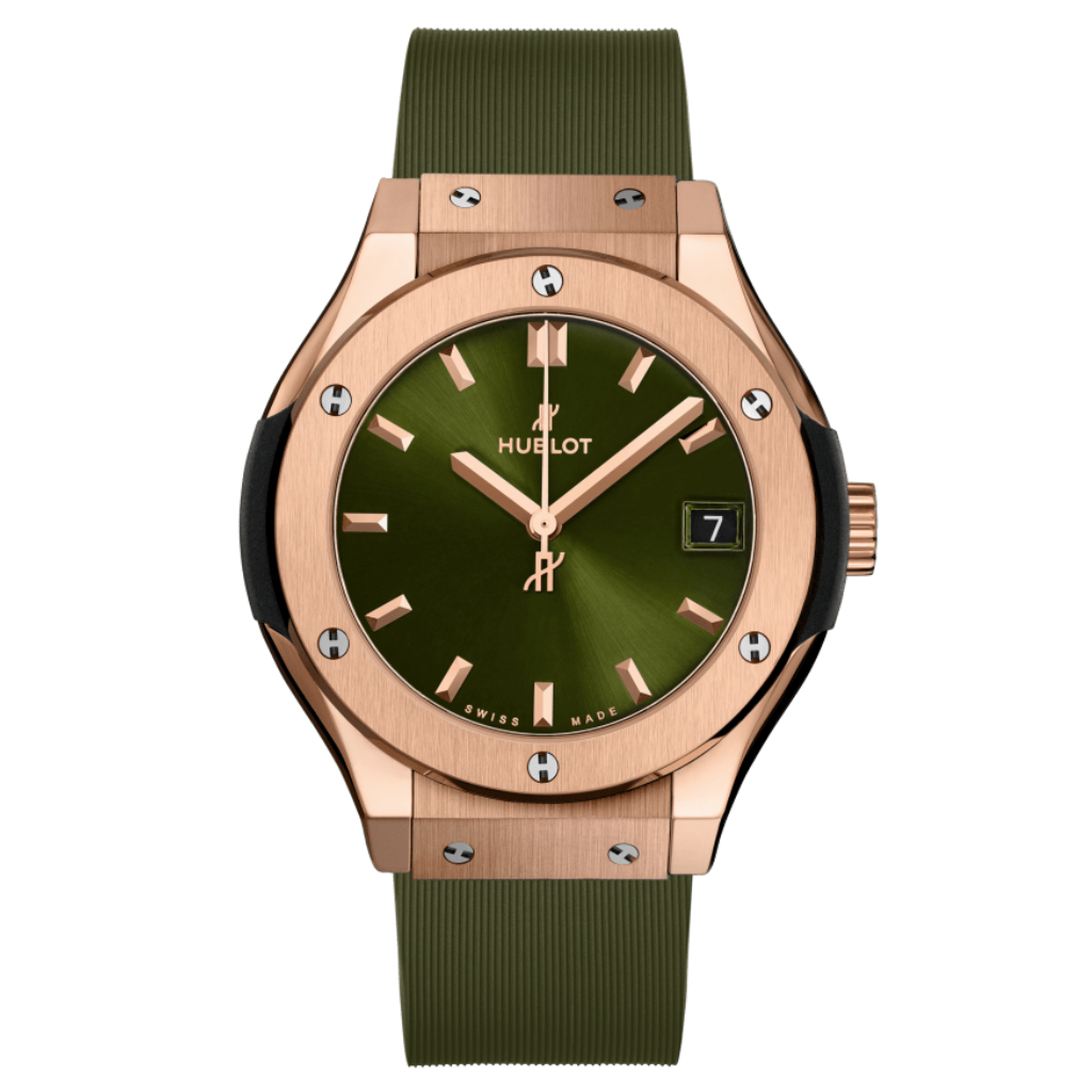 Hublot Classic Fusion King Gold Green 33 mm Green Dial Microblasted 18K King Gold Rubber Strap 581.OX.8980.RX - WATCHXNYC