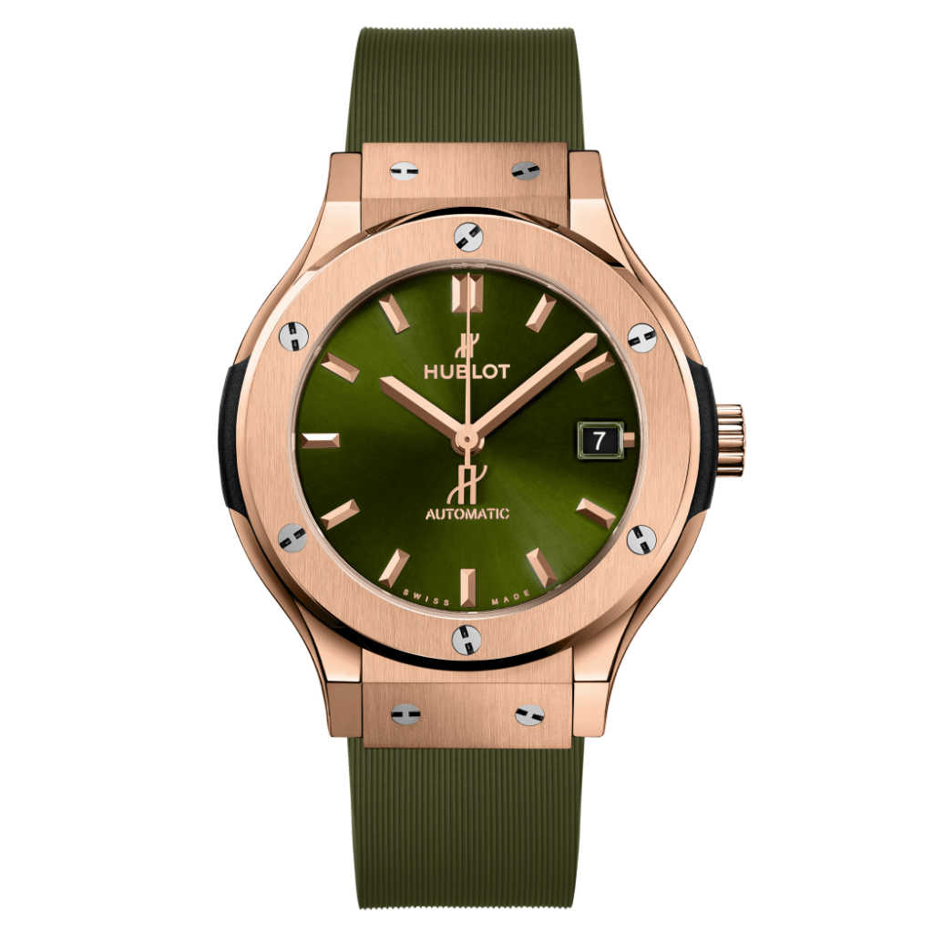 Hublot Classic Fusion King Gold Green 38 mm Green Dial Microblasted 18K King Gold Rubber Strap 565.OX.8980.RX - WATCHXNYC