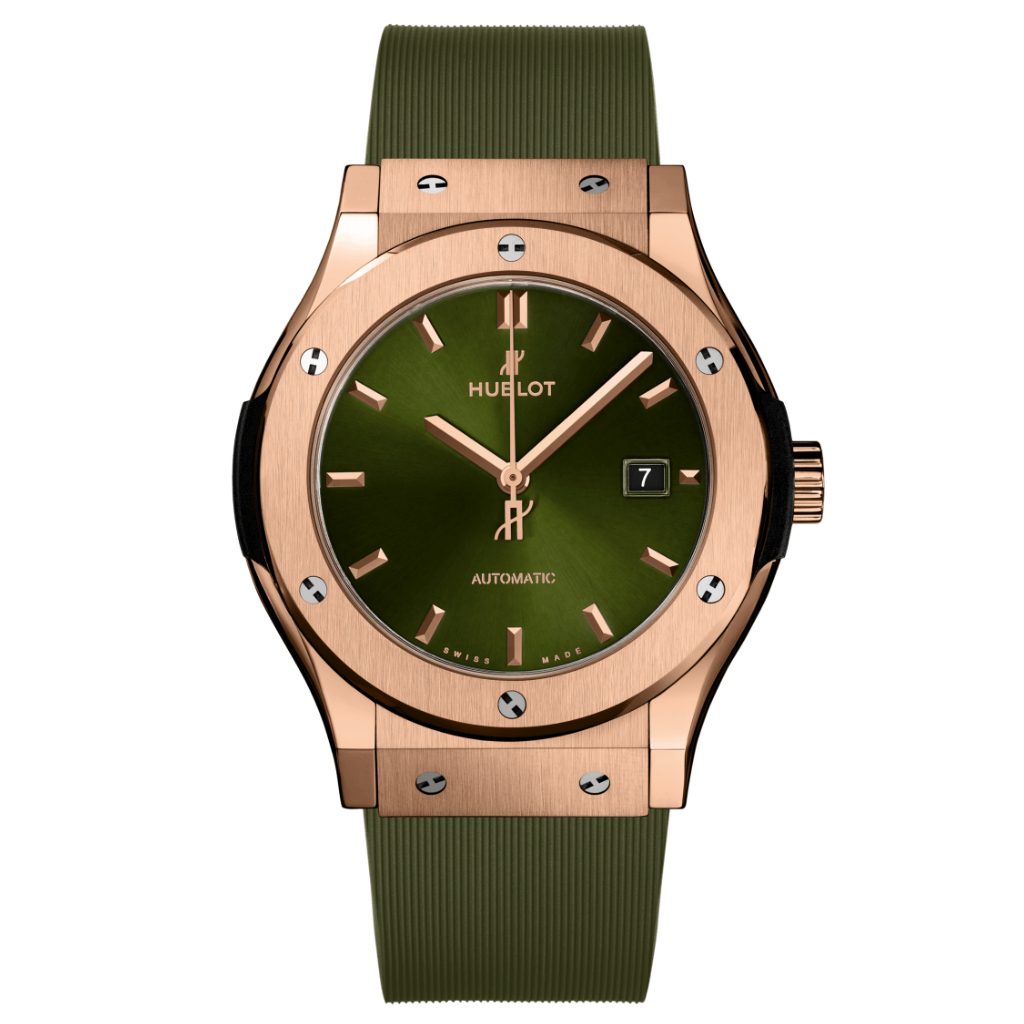 Hublot Classic Fusion King Gold Green 42 mm Green Dial Microblasted 18K King Gold Rubber Strap 542.OX.8980.RX - WATCHXNYC