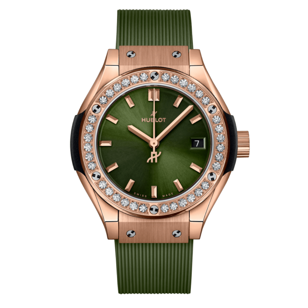HUBLOT Classic Fusion King Gold Green Diamonds 29 mm Green Dial Polished 18K King Gold Rubber Strap 591.OX.8980.RX.1204 - WATCHXNYC