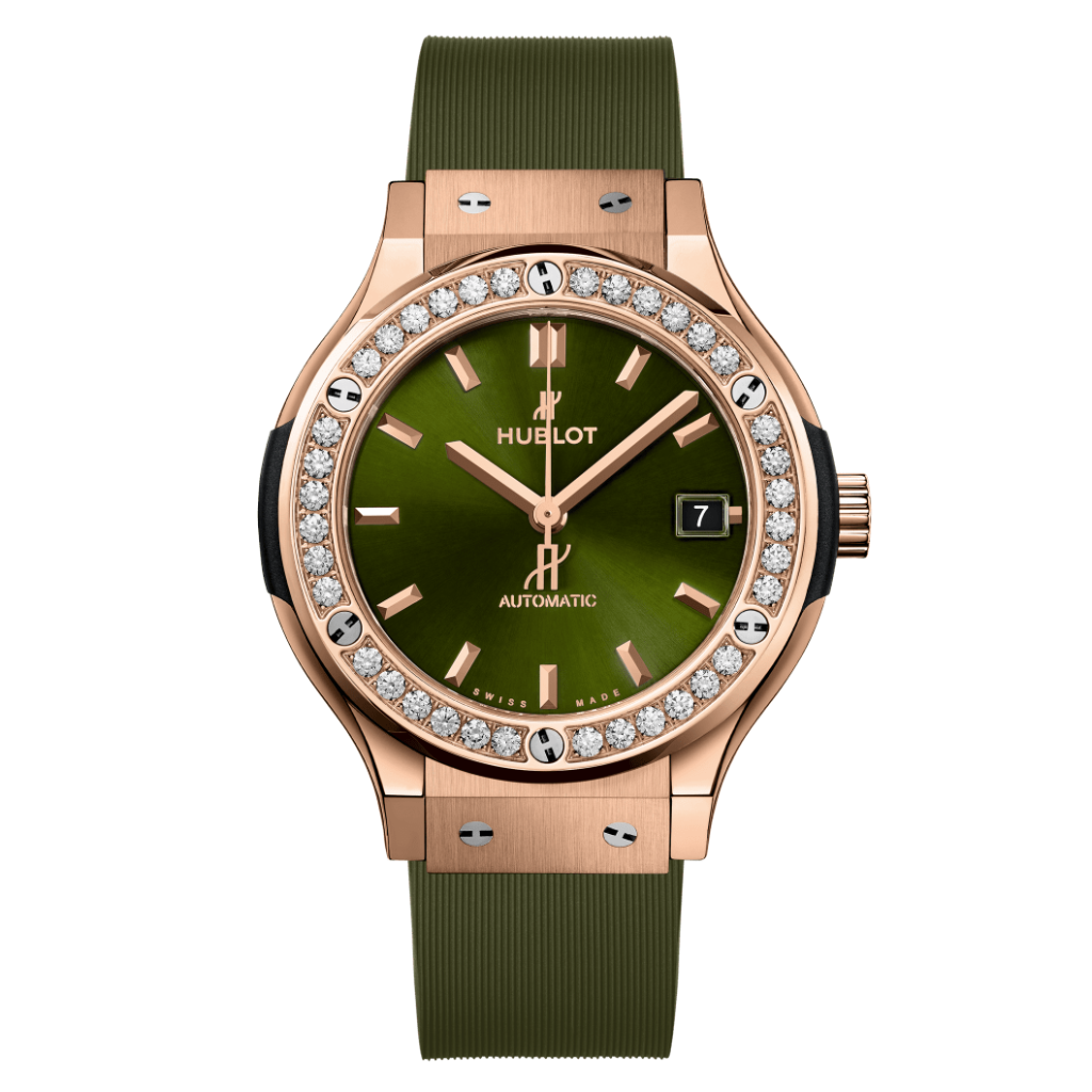 Hublot Classic Fusion King Gold Green Diamonds 38 mm Green Dial with Diamonds Polished 18K King Gold Rubber Strap 565.OX.8980.RX.1204 - WATCHXNYC