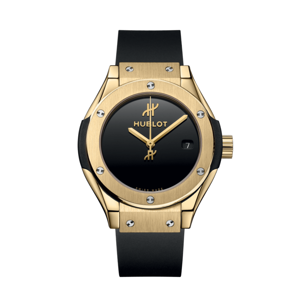 HUBLOT Classic Fusion Original Yellow Gold 33 mm Black Dial  Polished 18K Yellow Gold Rubber Strap 591.VX.1230.RX.MDM - WATCHXNYC