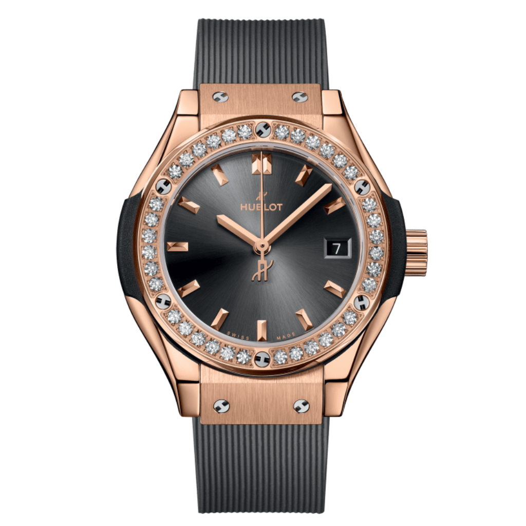 HUBLOT Classic Fusion Racing Grey King Gold Diamonds 29 mm Grey Dial Polished 18K King Gold Rubber Strap 591.OX.7080.RX.1204 - WATCHXNYC