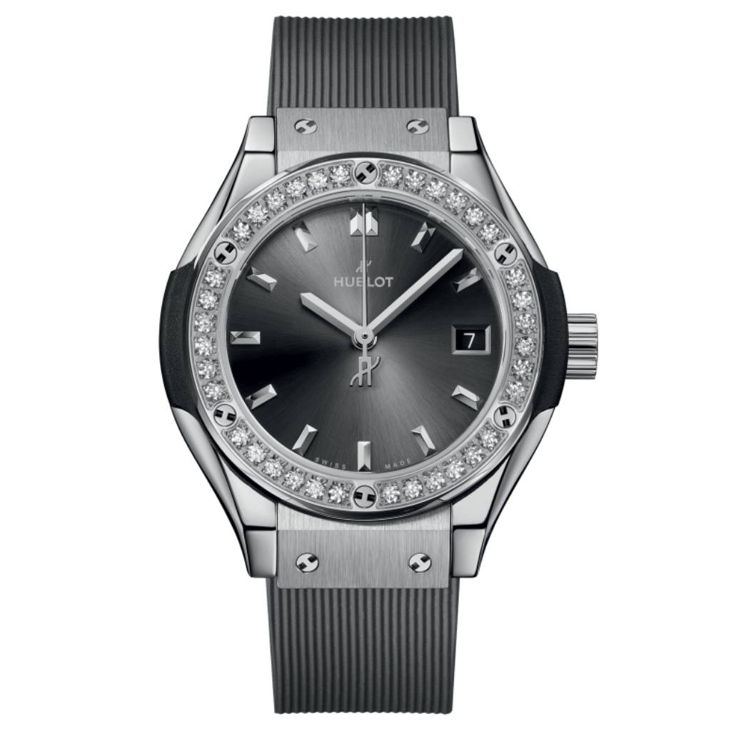 HUBLOT Classic Fusion Racing Grey Titanium Diamonds 29 mm Grey Dial Polished Titanium Rubber Strap 591.NX.7070.RX.1204 - WATCHXNYC