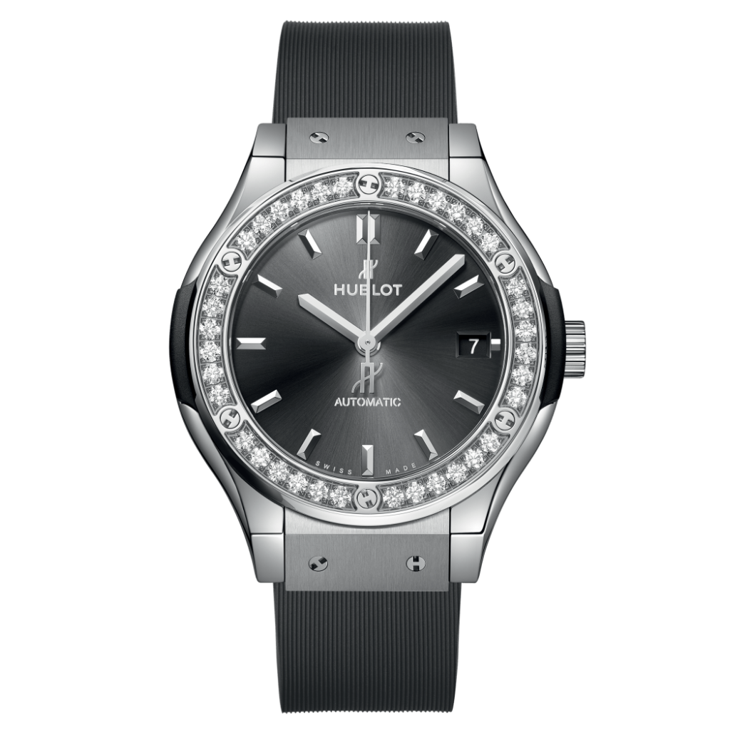 Hublot Classic Fusion Racing Grey Titanium Diamonds 38 mm Grey Dial with Diamonds Polished Titanium   Leather Strap 565.NX.7071.RX.1204 - WATCHXNYC