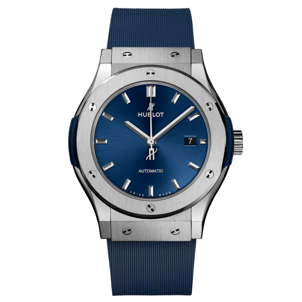 Hublot Classic Fusion Titanium Blue 42 mm Blue Dial Polished Titanium Rubber Strap 542.NX.7170.RX - WATCHXNYC