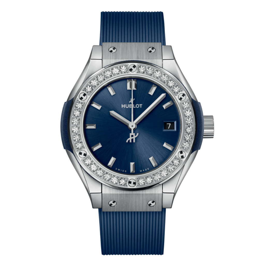 HUBLOT Classic Fusion Titanium Blue Diamonds 29 mm Blue Dial Polished Titanium Rubber Strap 591.NX.7170.RX.1204 - WATCHXNYC