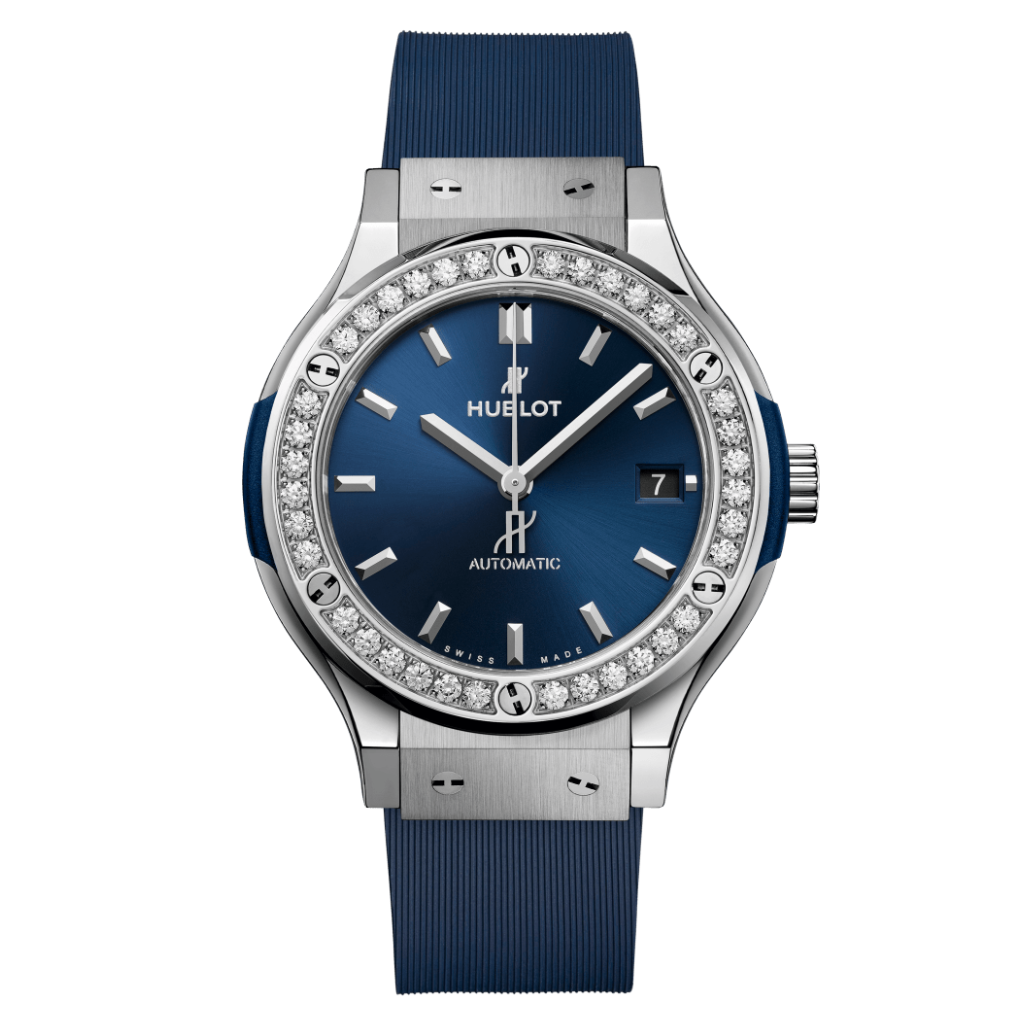 Hublot Classic Fusion Titanium Blue Diamonds 38 mm Blue Dial with Diamonds Polished Titanium Rubber Strap 565.NX.7170.RX.1204 - WATCHXNYC