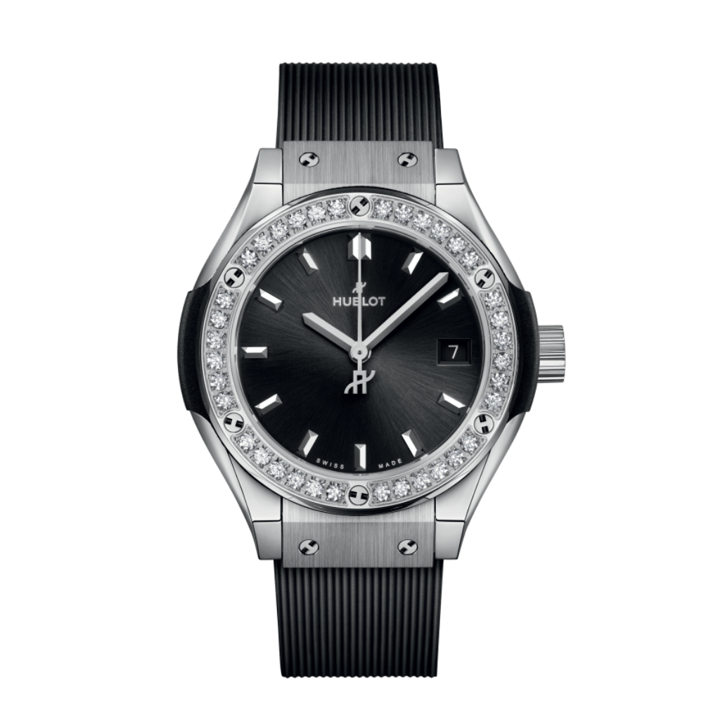 HUBLOT Classic Fusion Titanium Diamonds 29 mm Black Dial Polished Titanium Rubber Strap 591.NX.1470.RX.1204 - WATCHXNYC