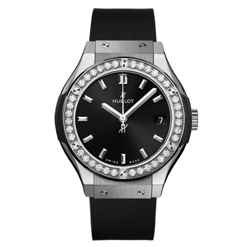 Hublot Classic Fusion Titanium Diamonds 33 mm Black Dial with Diamonds Polished Titanium Rubber Strap 581.NX.1470.RX.1104 - WATCHXNYC