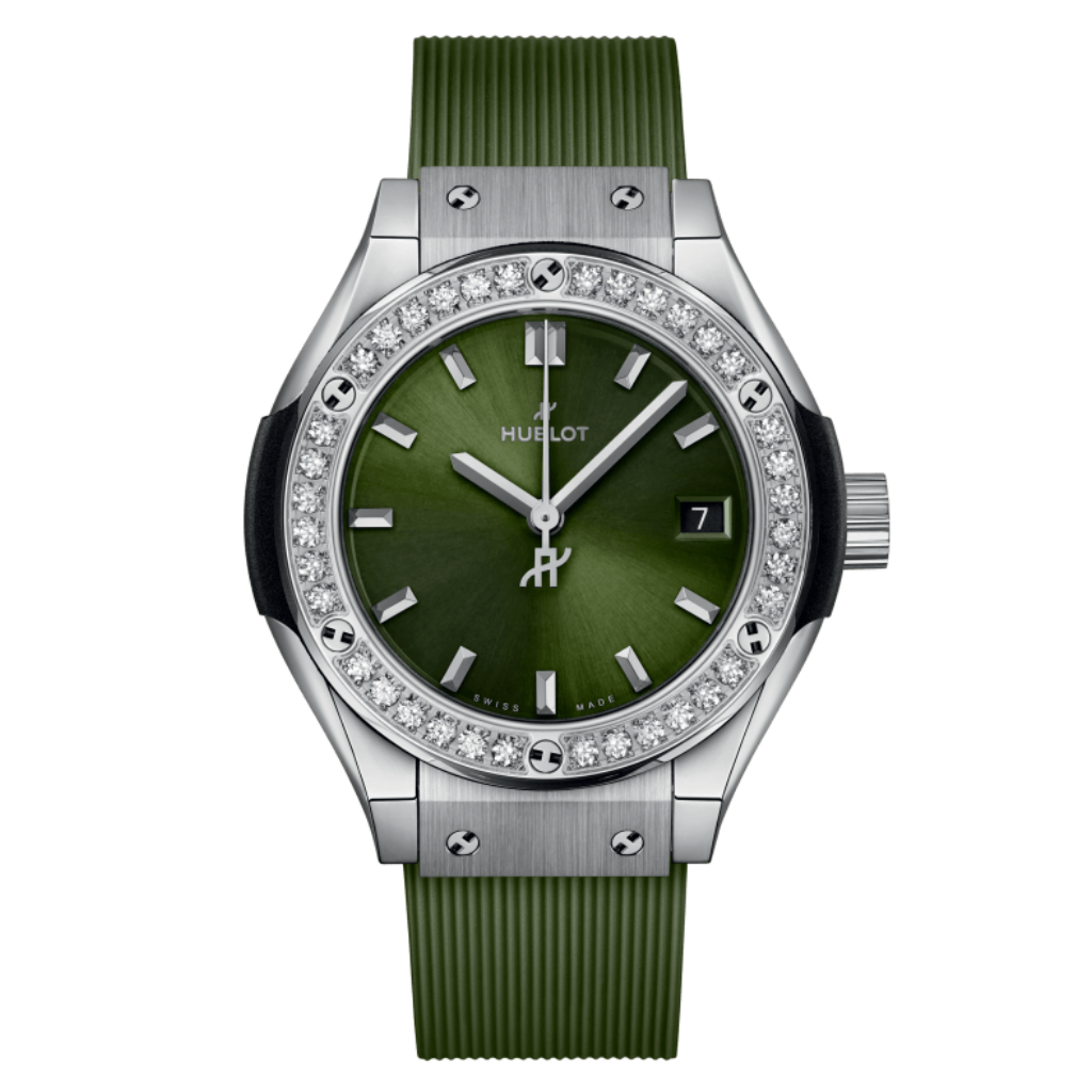 HUBLOT Classic Fusion Titanium Green Diamonds 29 mm Green Dial Polished Titanium Rubber Strap 591.NX.8970.RX.1204 - WATCHXNYC