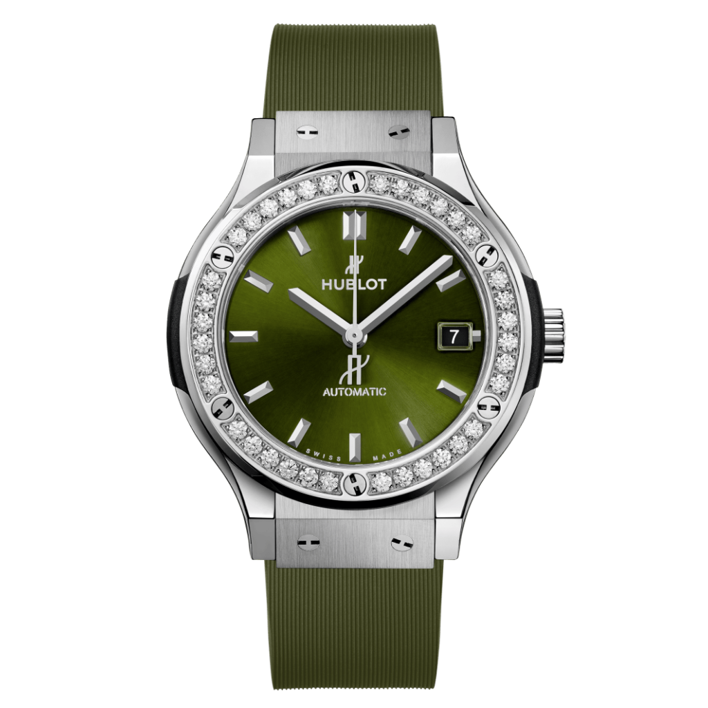 Hublot Classic Fusion Titanium Green Diamonds 38 mm Green Dial with Diamonds Carbon Fiber and Black Texalium Rubber Strap 565.NX.8970.RX.1204 - WATCHXNYC