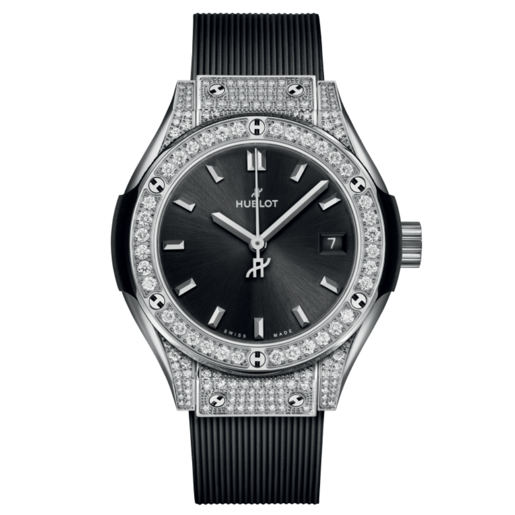 HUBLOT Classic Fusion Titanium Pavé 29 mm Black Dial with Diamonds Polished Titanium Rubber Strap 591.NX.1470.RX.1604 - WATCHXNYC