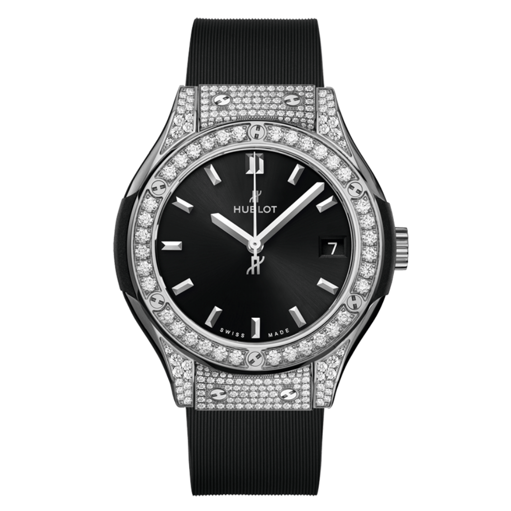 Hublot Classic Fusion Titanium Pavé 33 mm Black Dial Polished Titanium   Leather Strap 581.NX.1470.RX.1704 - WATCHXNYC