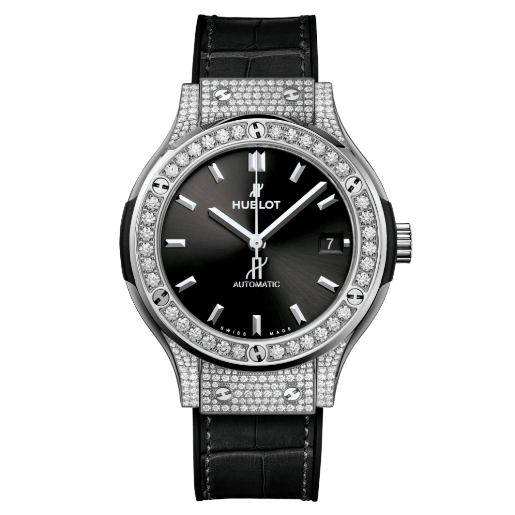Hublot Classic Fusion Titanium Pavé 38 mm Black Dial with Diamonds Polished Titanium   Leather Strap 565.NX.1470.LR.1604 - WATCHXNYC