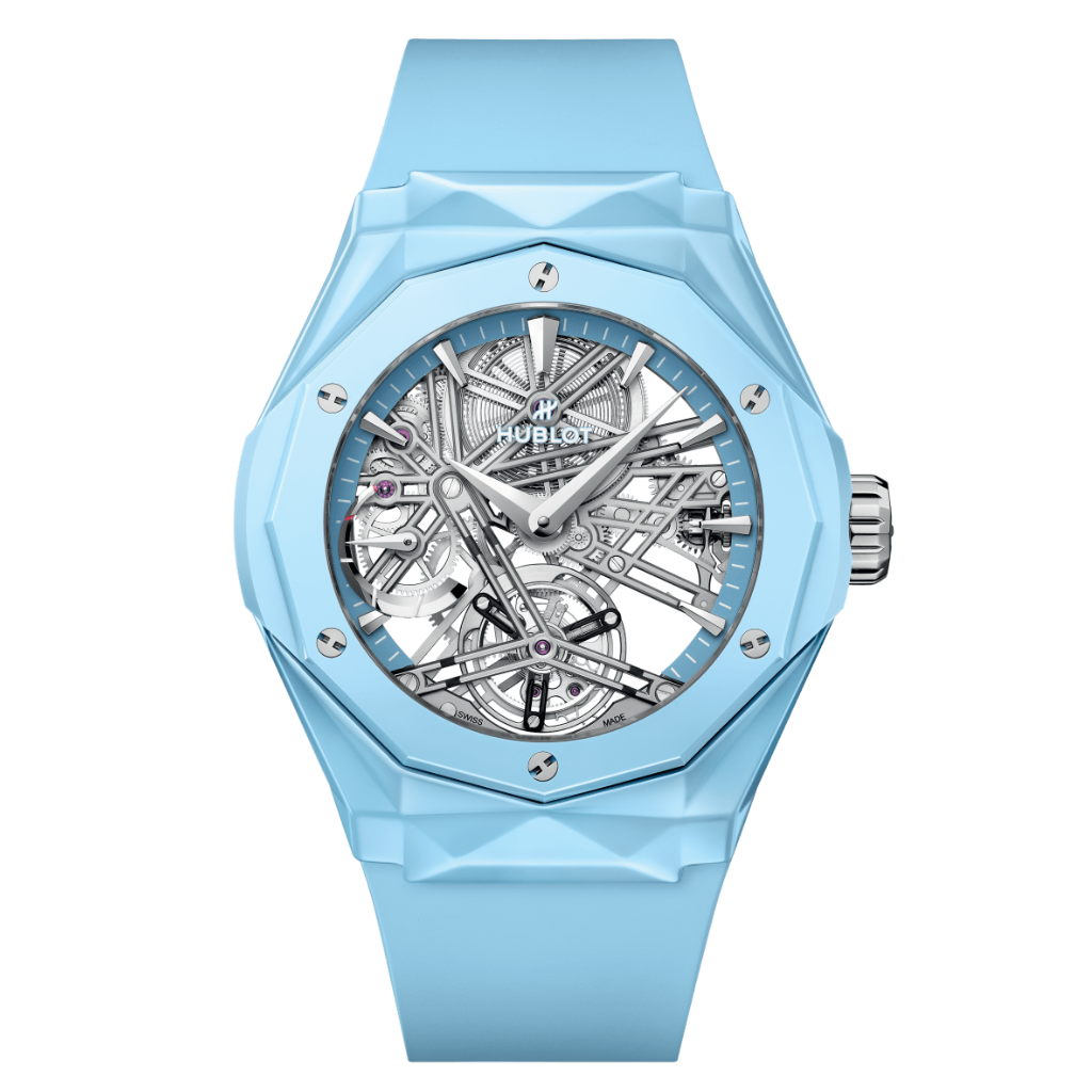 HUBLOT Classic Fusion Tourbillon Orlinski Sky Blue 45 mm Transparent Dial Polished Skly Blue Ceramic Rubber Strap 505.ES.5129.RX.ORL24 - WATCHXNYC