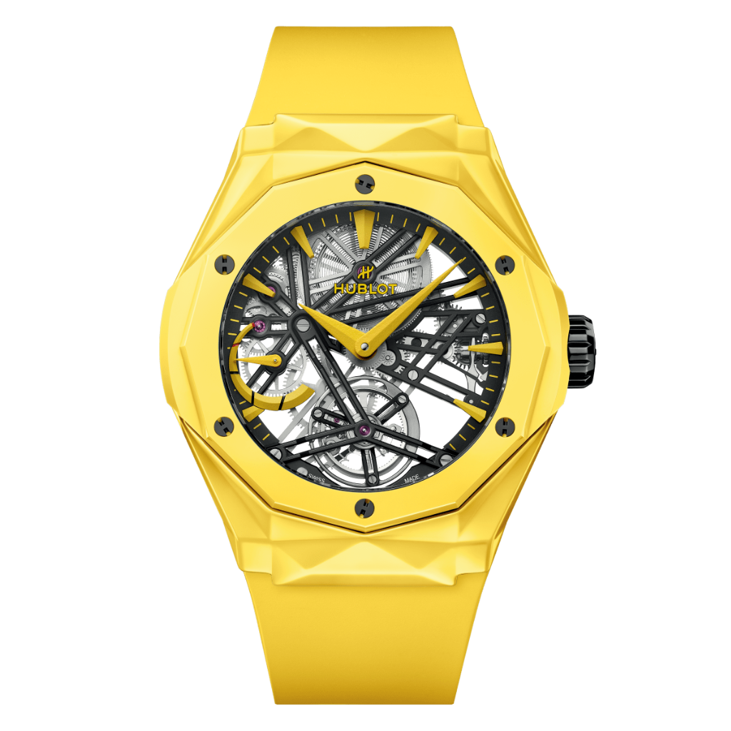 HUBLOT Classic Fusion Tourbillon Orlinski Yellow Magic 45 mm Transparent Dial Polished Yellow Ceramic Rubber Strap 505.CY.119Y.RX.ORL24 - WATCHXNYC