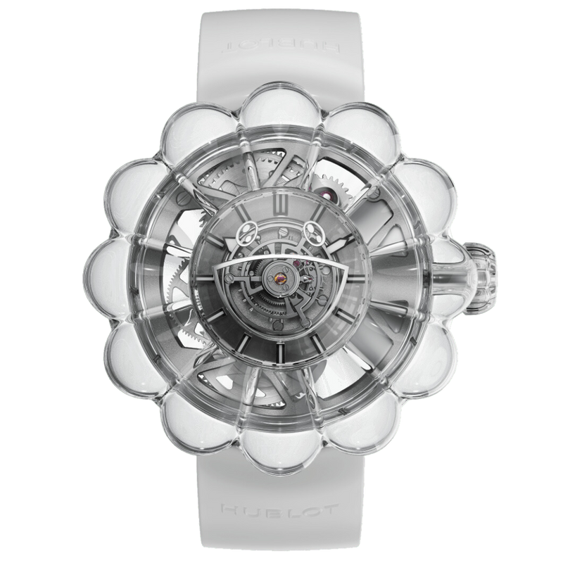 HUBLOT MP-15 Takashi Murakami Tourbillon Zafiro 42 mm Esfera transparente Cristal de zafiro pulido Correa de caucho 915.JX.4802RT 