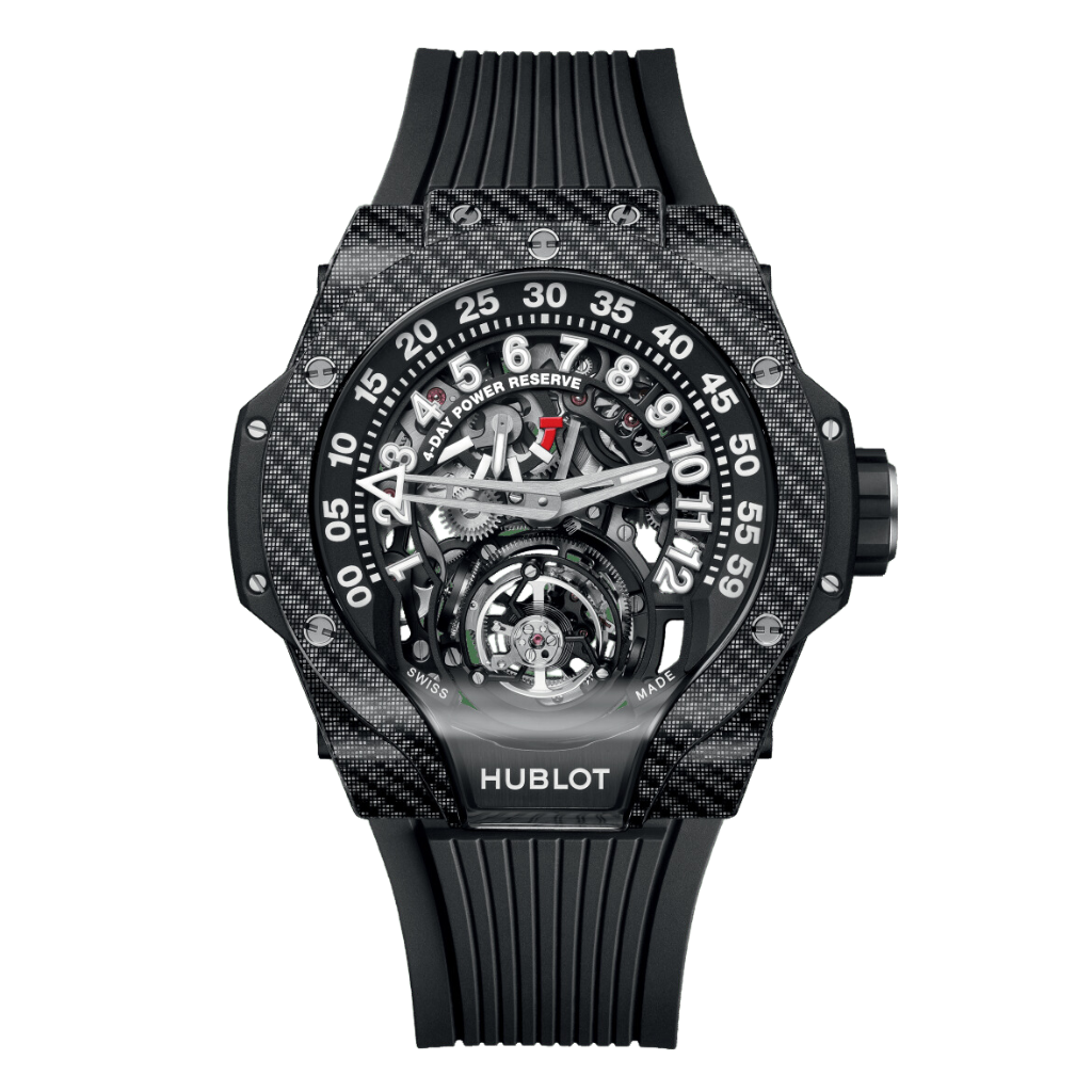 HUBLOT MP MP-13 Tourbillon Bi-Axis Retrograde Black Carbon 44 mm Transparent Dial Carbon Fiber and Black Texalium Rubber Strap 913.YT.1170.RX - WATCHXNYC