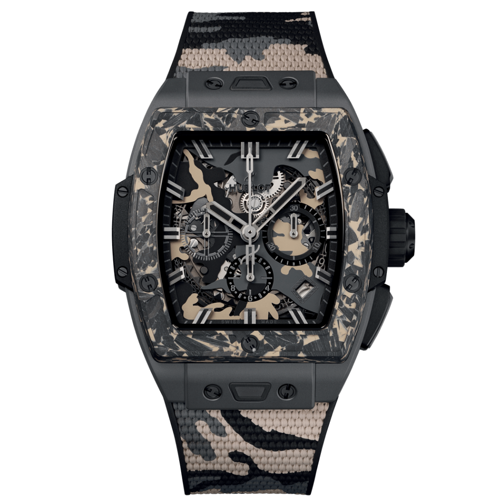HUBLOT Spirit of Big Bang Ceramic Carbon Beige Camo 42 mm Transparent Dial Microblasted Black Ceramic Rubber Strap 642.CI.0191.RX.ECU23 - WATCHXNYC