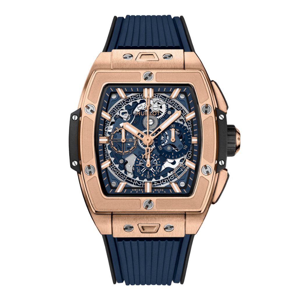HUBLOT Spirit of Big Bang King Gold Blue 42 mm Transparent Dial Polished 18K King Gold Rubber Strap 642.OX.7180.RX - WATCHXNYC