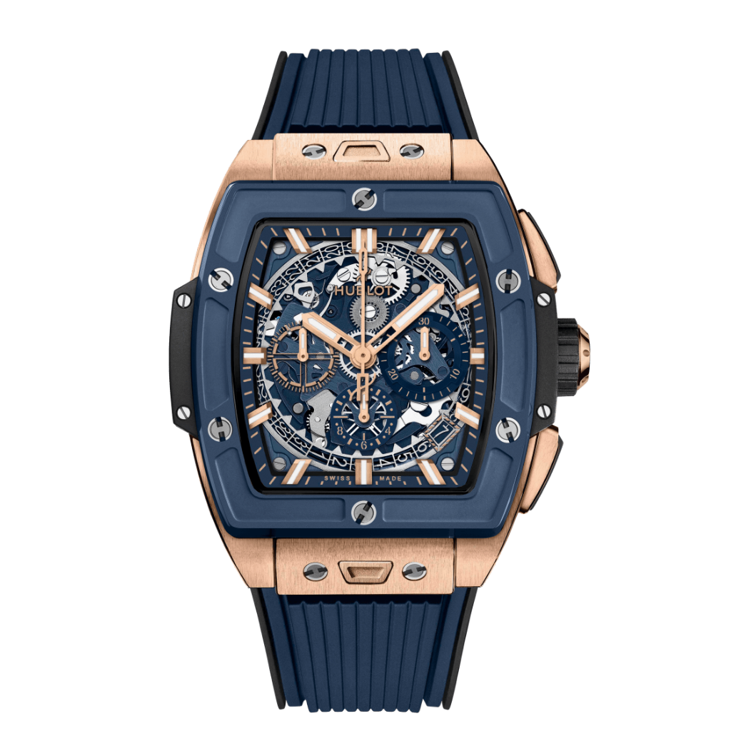 Hublot Spirit of Big Bang King Gold Blue Ceramic 42 mm Transparent Dial Polished 18K King Gold Rubber Strap 642.OL.7180.RX - WATCHXNYC
