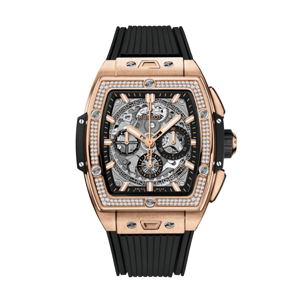 Hublot Spirit of Big Bang King Gold Diamonds 42 mm Transparent Dial with Diamonds Polished 18K King Gold Rubber Strap 642.OX.0180.RX.1104 - WATCHXNYC